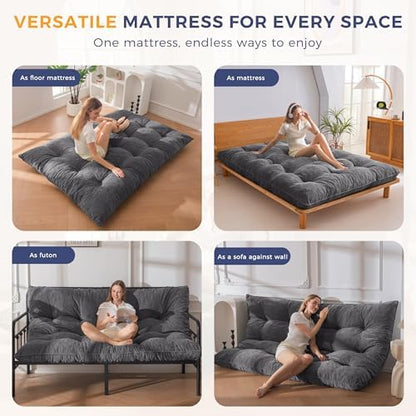 MAXYOYO Japanese Floor Mattress Full Size, 6" Foldable Futon Mattress Tufted Roll Up Floor Bed, Thick Chenille Tatami Mat Sleeping Pad for Camping Guest Room Dormitory Bedroom RV, Navy