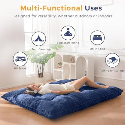 MAXYOYO Japanese Floor Mattress Full Size, 6" Foldable Futon Mattress Tufted Roll Up Floor Bed, Thick Chenille Tatami Mat Sleeping Pad for Camping Guest Room Dormitory Bedroom RV, Navy