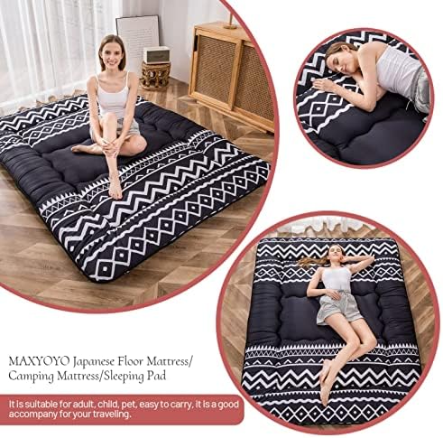 MAXYOYO Japanese Futon Mattress Floor Mattress Sleeping Pad Foldable Bed Roll Up Camping Cushion Floor Lounger Bed Couches and Sofas Couch Topper, Black Floral, Full Size