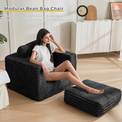 MAXYOYO Giant Bean Bag Chair for Adults, Upholstered Loveseat Floor Sofa with Pillows and Armrests, Large Bean Bag Sofa Plush Chair Bean Bag Couch for Bedroom Living Room, Grey