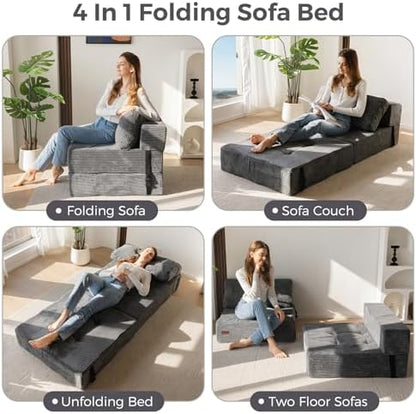 MAXYOYO Folding Sofa Bed, Convertible Sofa Bed with High-Density Support Foam, Portable 4 in 1 Fold Out Chair to Floor Lounger, Versatile Floor Couch for Living Room Bedroom, Dark Grey