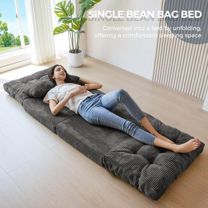 MAXYOYO Bean Bag Bed Tufted Folding Sofa Bed with Pillows, Extra Thick and Long Floor Mattress for Adults, Single Couch Bed for Bedroom Living Room, Beige, 30x91 Inch