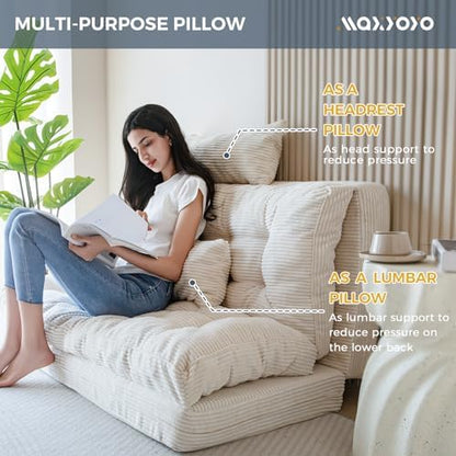 MAXYOYO Bean Bag Bed Tufted Folding Sofa Bed with Pillows, Extra Thick and Long Floor Mattress for Adults, Single Couch Bed for Bedroom Living Room, Beige, 30x91 Inch