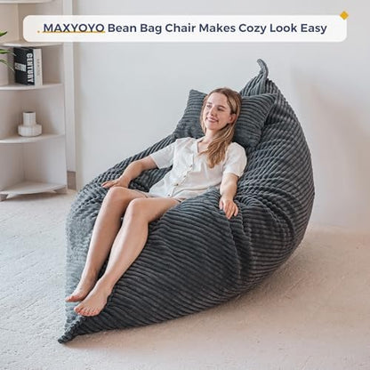 MAXYOYO Giant Bean Bag Chair with Pillow, 3 in 1 Convertible Bean Bag Chair for Adults with Removable Cover, Floor Cushion Stuffed Floor Lounger for Living Room Bedroom, Grey