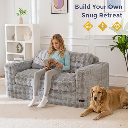 MAXYOYO Loveseat Sofa for Living Room, Small Sofa Couch Tufted Boneless Couch, Comfy Bean Bag Chair for Small Space Bedroom Apartment, No Assembly Needed, Beige