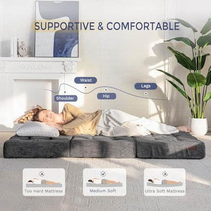 MAXYOYO Tri-Fold Mattress, 6 Inch Tufted Folding Mattress Full Foam Bed, Foldable Floor Couch Guest Bed Topper Portable Camping Sleeper with Corded Fabric, Dark Grey, 53"x75"