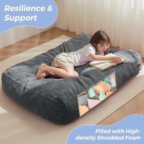 MAXYOYO Bean Bag Chair Bed for Kids, Convertible Bean Bag Folds from Lazy Chair to Floor Mattress Bed, Machine Washable Corded Fabric, Stuffed Floor Sofa Couch for Boys and Girls, Dark Grey