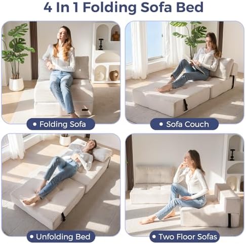 MAXYOYO Folding Sofa Bed, Convertible Sofa Bed with High-Density Support Foam, Portable 4 in 1 Fold Out Chair to Floor Lounger, Versatile Floor Couch for Living Room Bedroom, Dark Grey