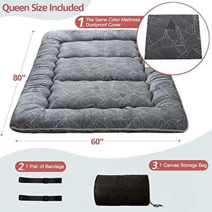 MAXYOYO Japanese Futon Mattress Floor Mattress Sleeping Pad Foldable Bed Roll Up Camping Cushion Floor Lounger Bed Couches and Sofas Couch Topper, Black Floral, Full Size