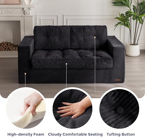 MAXYOYO Bean Bag Chair for Adults, Upholstered Floor Sofa with Armrests, Loveseat Boneless Couch with Tufted Cushion &amp; Backrest, Sofa in A Box, Large Bean Bag Couch for Bedroom Living Room, Black