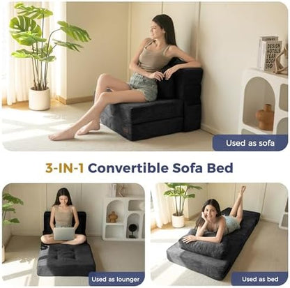 MAXYOYO Convertible Sofa Bed, Fold Out Loveseat Sleeper Sofa with Pillow, 4 in 1 Tufted Folding Couch Bed Foam Floor Couch, Lazy Chair for Living Room Bedroom Guest Room, Dark Grey