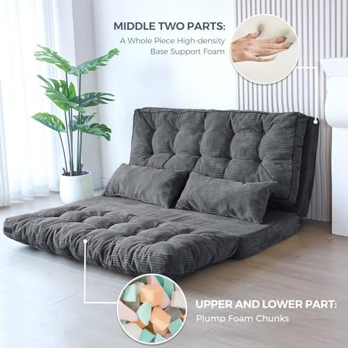 MAXYOYO Bean Bag Bed Tufted Folding Sofa Bed with Pillows, Extra Thick and Long Floor Mattress for Adults, Single Couch Bed for Bedroom Living Room, Beige, 30x91 Inch