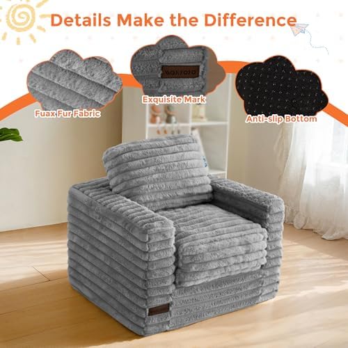 MAXYOYO Kids Bean Bag Chair, Comfy Faux Fur Bean Bag Sofa with Filler, Upholstered Floor Sofa with Pillows and Armrests, Lazy Floor Chair Couch for Boys and Girls, Pink