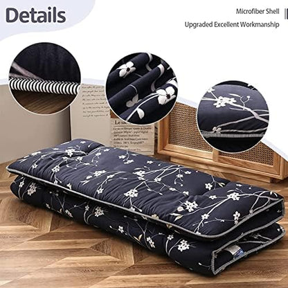 MAXYOYO Japanese Futon Mattress Floor Mattress Sleeping Pad Foldable Bed Roll Up Camping Cushion Floor Lounger Bed Couches and Sofas Couch Topper, Black Floral, Full Size