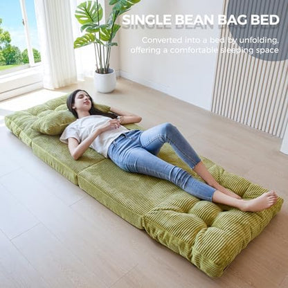 MAXYOYO Bean Bag Bed Tufted Folding Sofa Bed with Pillows, Extra Thick and Long Floor Mattress for Adults, Single Couch Bed for Bedroom Living Room, Beige, 30x91 Inch