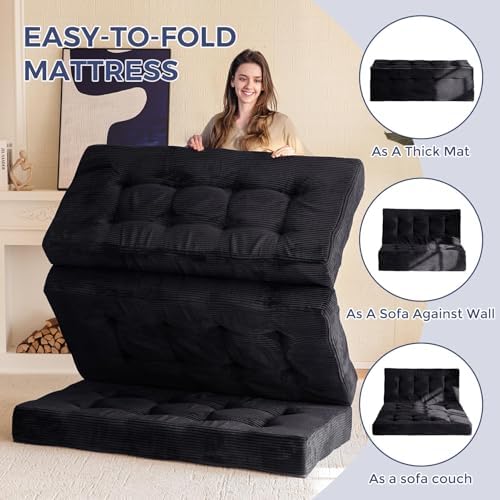 MAXYOYO Tri-Fold Mattress, 6 Inch Tufted Folding Mattress Full Foam Bed, Foldable Floor Couch Guest Bed Topper Portable Camping Sleeper with Corded Fabric, Dark Grey, 53"x75"