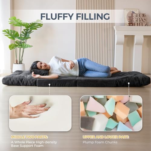 MAXYOYO Bean Bag Bed Tufted Folding Sofa Bed with Pillows, Extra Thick and Long Floor Mattress for Adults, Single Couch Bed for Bedroom Living Room, Beige, 30x91 Inch
