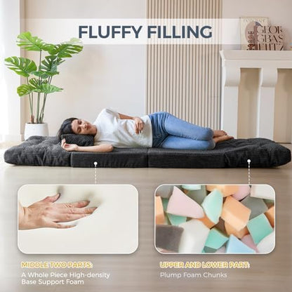 MAXYOYO Bean Bag Bed Tufted Folding Sofa Bed with Pillows, Extra Thick and Long Floor Mattress for Adults, Single Couch Bed for Bedroom Living Room, Beige, 30x91 Inch