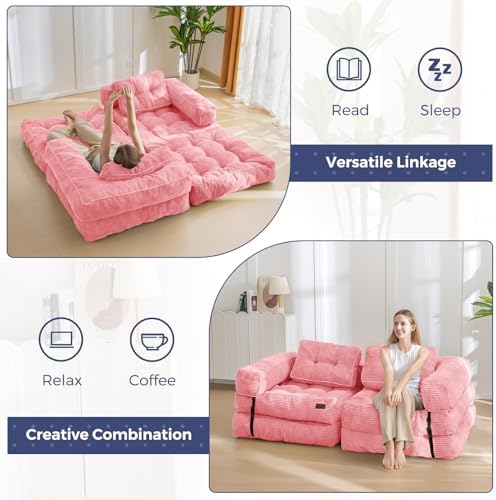 MAXYOYO Folding Sofa Bed, L-Shaped Convertible Sofa Bed with Armrest Foldable Sleeper Sofa with Pillow, Portable Fold Out Chair Bed Comfy Floor Lounge for Living Room Bedroom, Dark Grey