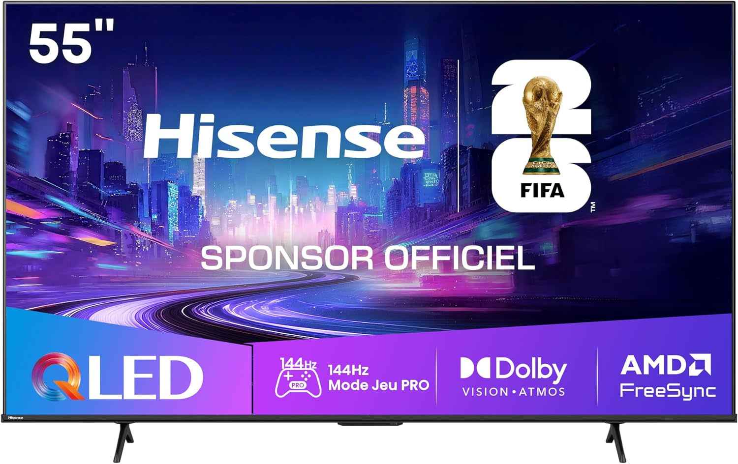 Hisense 55E7Q Pro TV QLED 4K 55" (139 Cm) - Série E7 Pro - 144Hz (HSR 240Hz), Dolby Vision IQ & Atmos, Mode Jeu Pro, AMD Freesync Premium, Smart TV VIDAA, Alexa & Airplay 2