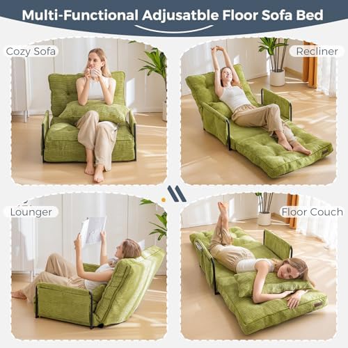 MAXYOYO Adjustable Floor Sofa Couch with Pillow, Multi-Functional Bean Bag Bed, 5-Position Foldable Lazy Sofa Sleeper Bed with Armrest, Versatile Floor Seating for Reading Gaming, Green, Single