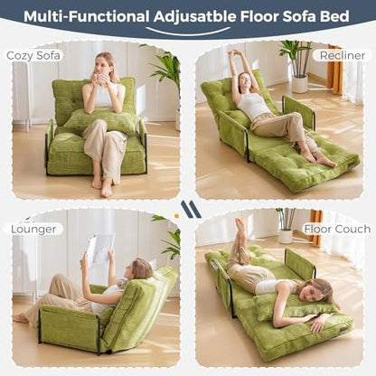 MAXYOYO Adjustable Floor Sofa Couch with Pillow, Multi-Functional Bean Bag Bed, 5-Position Foldable Lazy Sofa Sleeper Bed with Armrest, Versatile Floor Seating for Reading Gaming, Green, Single