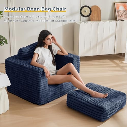 MAXYOYO Giant Bean Bag Chair for Adults, Upholstered Loveseat Floor Sofa with Pillows and Armrests, Large Bean Bag Sofa Plush Chair Bean Bag Couch for Bedroom Living Room, Grey
