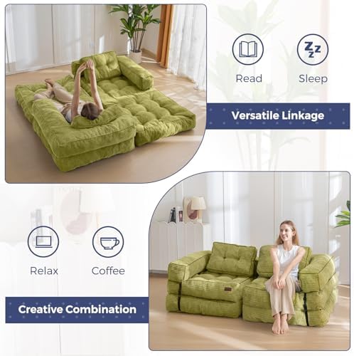 MAXYOYO Folding Sofa Bed, L-Shaped Convertible Sofa Bed with Armrest Foldable Sleeper Sofa with Pillow, Portable Fold Out Chair Bed Comfy Floor Lounge for Living Room Bedroom, Dark Grey