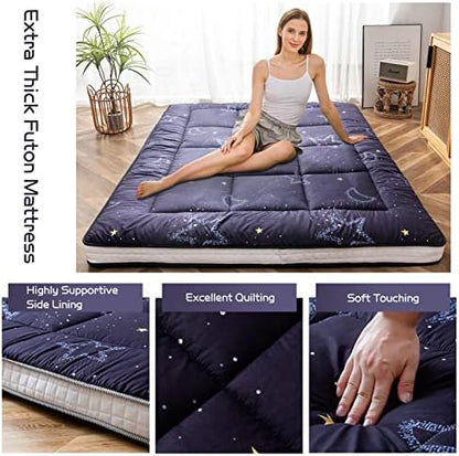 MAXYOYO Black Moon and Star Futon Mattress, Japanese Floor Mattress Quilted Bed Mattress Topper, Extra Thick Folding Sleeping Pad Breathable Floor Lounger Guest Bed for Camping Couch, Twin
