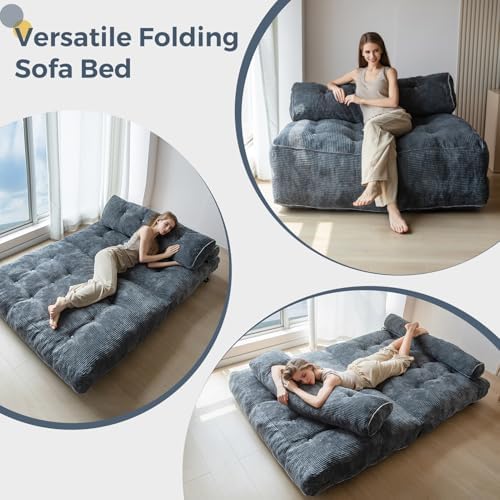 MAXYOYO Folding Sofa Bed, Convertible Sleeper Chair with Pillow Foldable Mattress with Back Support, Portable Fold Out Chair Bed Comfy Floor Sofa Lounge for Living Room Bedroom, Dark Grey, Single