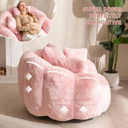 MAXYOYO Bean Bag Chair for Adults, Floral Shaped Bean Bag Sofa, Ultra Soft Faux Fur Floor Sofa, Large Reading Chair for Living Room Bedroom, Beige, Single