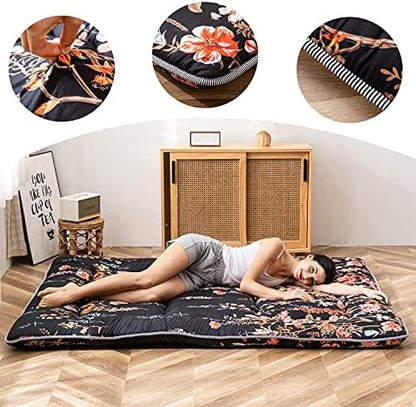 MAXYOYO Japanese Futon Mattress Floor Mattress Sleeping Pad Foldable Bed Roll Up Camping Cushion Floor Lounger Bed Couches and Sofas Couch Topper, Black Floral, Full Size