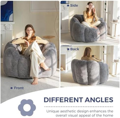 MAXYOYO Bean Bag Chair for Adults, Floral Shaped Bean Bag Sofa, Ultra Soft Faux Fur Floor Sofa, Large Reading Chair for Living Room Bedroom, Beige, Single