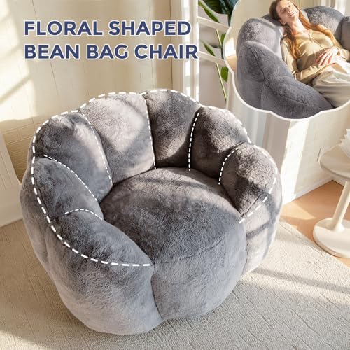 MAXYOYO Bean Bag Chair for Adults, Floral Shaped Bean Bag Sofa, Ultra Soft Faux Fur Floor Sofa, Large Reading Chair for Living Room Bedroom, Beige, Single
