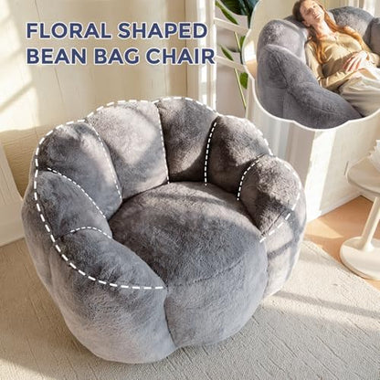MAXYOYO Bean Bag Chair for Adults, Floral Shaped Bean Bag Sofa, Ultra Soft Faux Fur Floor Sofa, Large Reading Chair for Living Room Bedroom, Beige, Single
