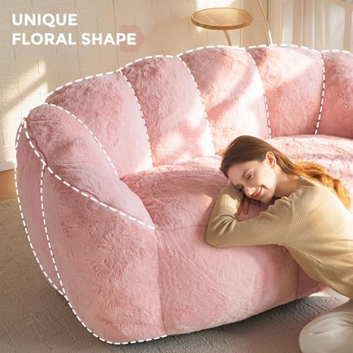 MAXYOYO Bean Bag Chair for Adults, Floral Shaped Bean Bag Sofa, Ultra Soft Faux Fur Floor Sofa, Large Reading Chair for Living Room Bedroom, Beige, Single