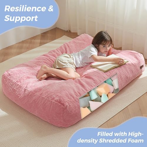 MAXYOYO Bean Bag Chair Bed for Kids, Convertible Bean Bag Folds from Lazy Chair to Floor Mattress Bed, Machine Washable Corded Fabric, Stuffed Floor Sofa Couch for Boys and Girls, Dark Grey