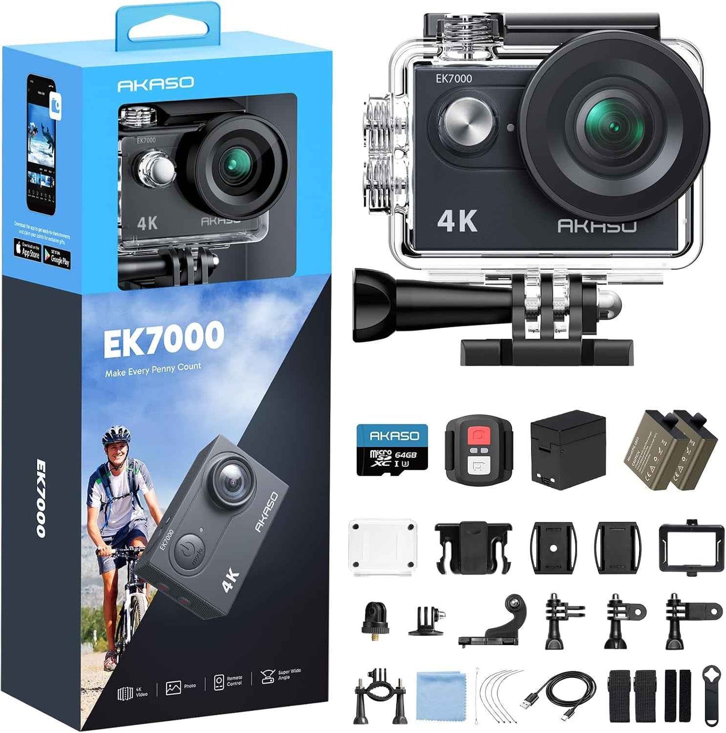 EK7000 Caméra Sport 4K 20MP Wifi Avec Carte Mémoire Microsdxc 64 Go | Action Camera 4K Étanche Jusqu'À 40M, Stabilisation EIS, Grand Angle 170°, Télécommande 2.4G, Carte 64 Go, Kit D'Accessoires