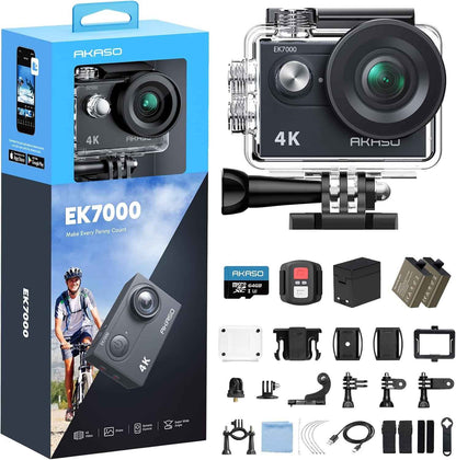 EK7000 Caméra Sport 4K 20MP Wifi Avec Carte Mémoire Microsdxc 64 Go | Action Camera 4K Étanche Jusqu'À 40M, Stabilisation EIS, Grand Angle 170°, Télécommande 2.4G, Carte 64 Go, Kit D'Accessoires