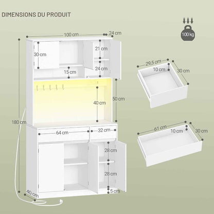 Meuble Cuisine, Buffet Avec Prises Électriques | Meuble De Rangement Cuisine Avec Plans De Travail Et 2 Tiroirs, Cuisine, Salon, 40 X 100 X 180 Cm , Blanc, PT00203XEU