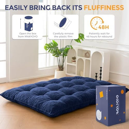 MAXYOYO Japanese Floor Mattress Full Size, 6" Foldable Futon Mattress Tufted Roll Up Floor Bed, Thick Chenille Tatami Mat Sleeping Pad for Camping Guest Room Dormitory Bedroom RV, Navy