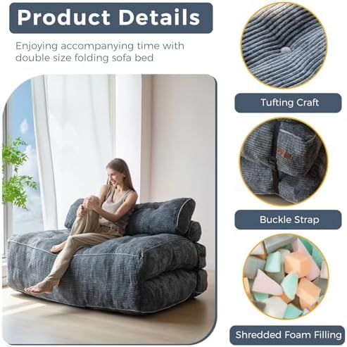 MAXYOYO Folding Sofa Bed, Convertible Sleeper Chair with Pillow Foldable Mattress with Back Support, Portable Fold Out Chair Bed Comfy Floor Sofa Lounge for Living Room Bedroom, Dark Grey, Single