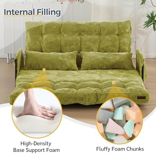 MAXYOYO Adjustable Floor Sofa Couch with Pillow, Multi-Functional Bean Bag Bed, 5-Position Foldable Lazy Sofa Sleeper Bed with Armrest, Versatile Floor Seating for Reading Gaming, Green, Single