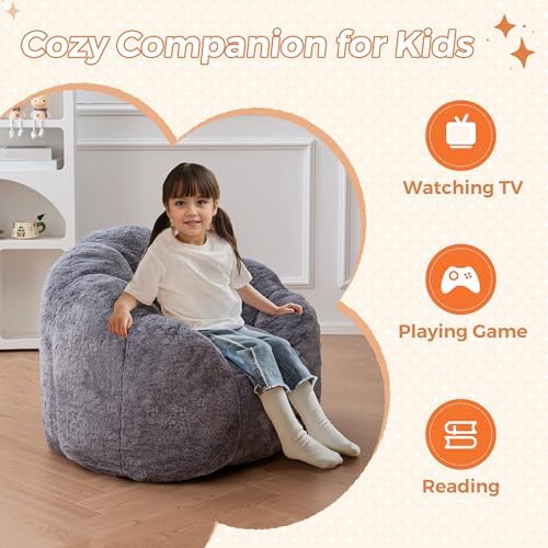 MAXYOYO Kids Bean Bag Chair, Floral Shaped Bean Bag Sofa, Plush Faux Fur Toddler Couch with Petal Backrest for Boys Girls, Stuffed Cozy Sofa for Nursery, Bedroom, Pink