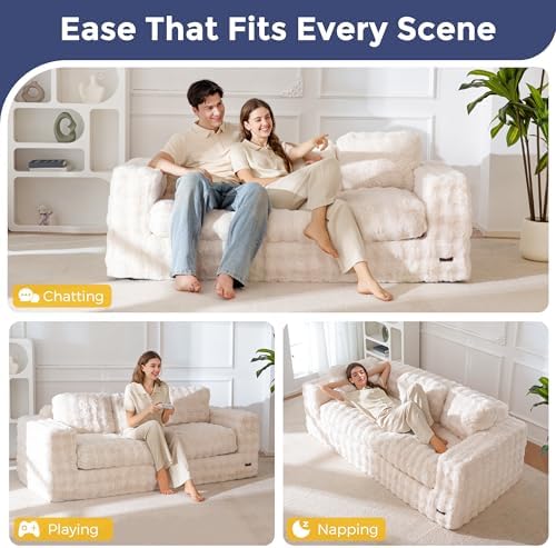 MAXYOYO Loveseat Sofa for Living Room, Small Sofa Couch Tufted Boneless Couch, Comfy Bean Bag Chair for Small Space Bedroom Apartment, No Assembly Needed, Beige
