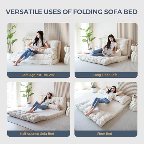MAXYOYO Bean Bag Bed Tufted Folding Sofa Bed with Pillows, Extra Thick and Long Floor Mattress for Adults, Single Couch Bed for Bedroom Living Room, Beige, 30x91 Inch