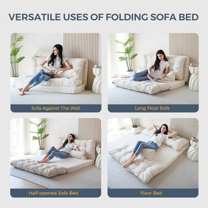 MAXYOYO Bean Bag Bed Tufted Folding Sofa Bed with Pillows, Extra Thick and Long Floor Mattress for Adults, Single Couch Bed for Bedroom Living Room, Beige, 30x91 Inch