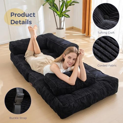 MAXYOYO Folding Sofa Bed, L-Shaped Convertible Sofa Bed with Armrest Foldable Sleeper Sofa with Pillow, Portable Fold Out Chair Bed Comfy Floor Lounge for Living Room Bedroom, Dark Grey
