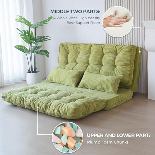 MAXYOYO Bean Bag Bed Tufted Folding Sofa Bed with Pillows, Extra Thick and Long Floor Mattress for Adults, Single Couch Bed for Bedroom Living Room, Beige, 30x91 Inch