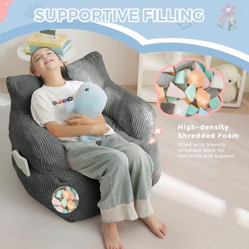 MAXYOYO Kids Bean Bag Chair, Stuffed Toddler Bean Bag Sofa with Filler Bean Bag Chair for Boys and Girls, Lazy Sofa with Pocket Floor Chair for Gaming, Reading, Pink